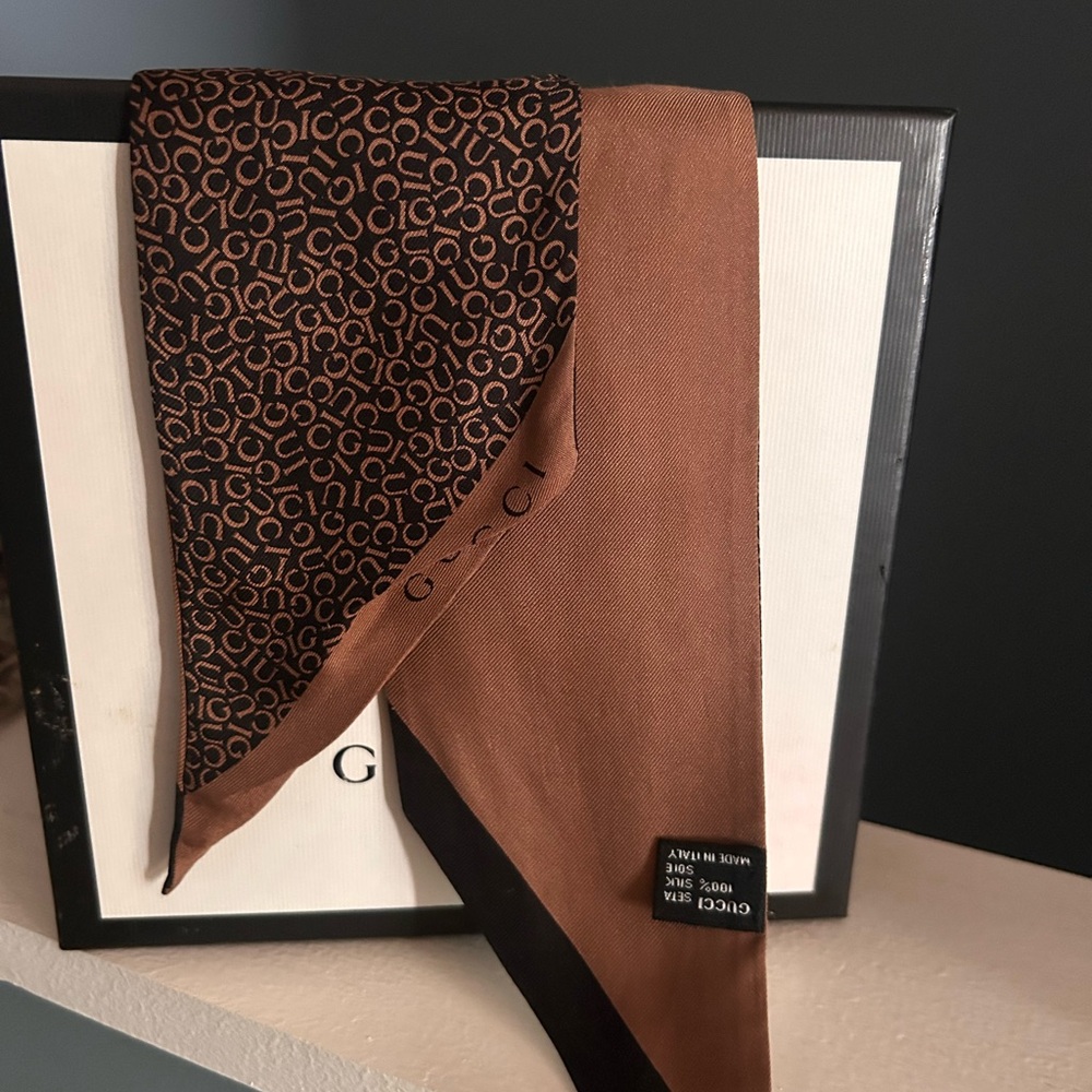 Gucci Brown and Black Logo Silk Scarf